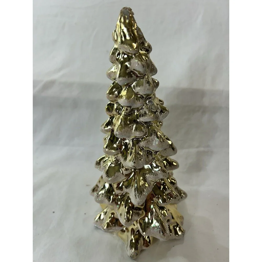 At Home Gold Christmas Tree Candle Snow Holiday Decor Vintage Seasonal